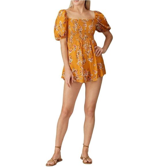 Flynn Skye Justine Romper Mustard Floral Puff Sleeve Square Neck Size Small No F - Picture 1 of 11